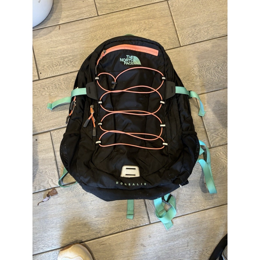 The North Face Borealis Backpack Laptop Sleeve Zipper Pockets Black/ Teal/peach
